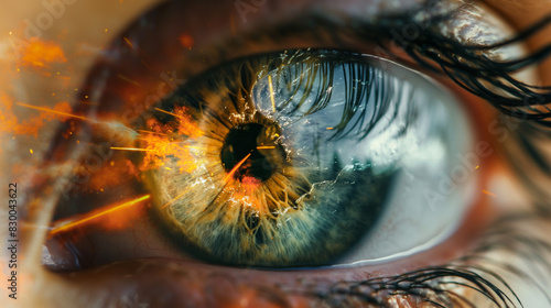 Macro Shot of Human Eye with Fiery and Explosive Reflections. Generative AI