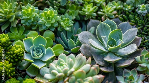 Succulent plants in a garden, vibrant and green, natural beauty, serene and peaceful, detailed textures, botanical variety, bright and sunny, copy space.