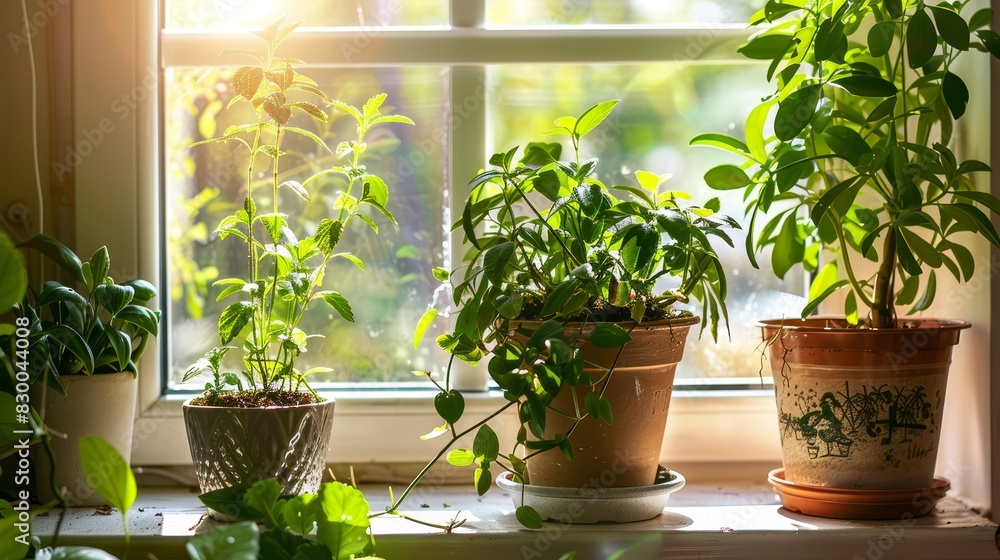Potted plants on a windowsill, vibrant and green, natural beauty, cozy and serene, indoor gardening, bright sunlight, home decor, peaceful atmosphere, copy space. Potted plants on a windowsill, vibrant and green, natural beauty, cozy and serene, indoor gardening, bright sunlight, home decor, peaceful atmosphere, copy space.