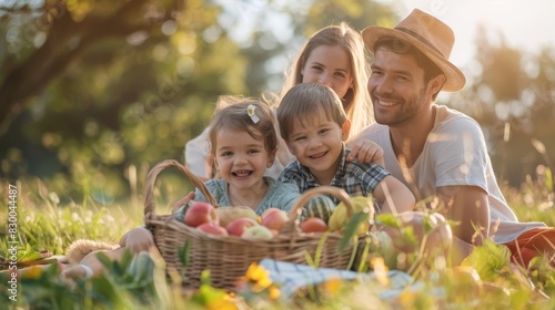 Parents and children having a picnic  joyful and connected  sunny day  natural beauty  happy moments  vibrant and lively  outdoor fun  engaged and loving  copy space.