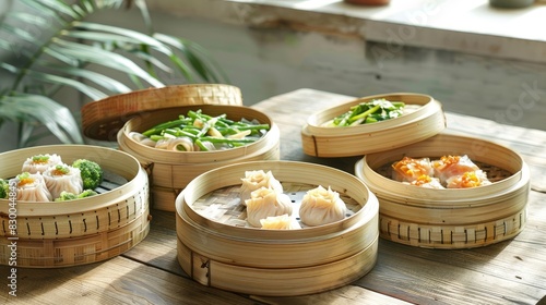 Traditional Chinese Cuisine Steamed Dimsum Served in Bamboo Vessels