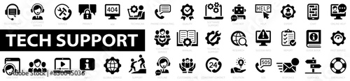 Technical support big flat icon set. Customer service and support icon set. Assistance, helpline, service, , help, call center, hotline, solution, chat bot, guide and more. Vector illustration