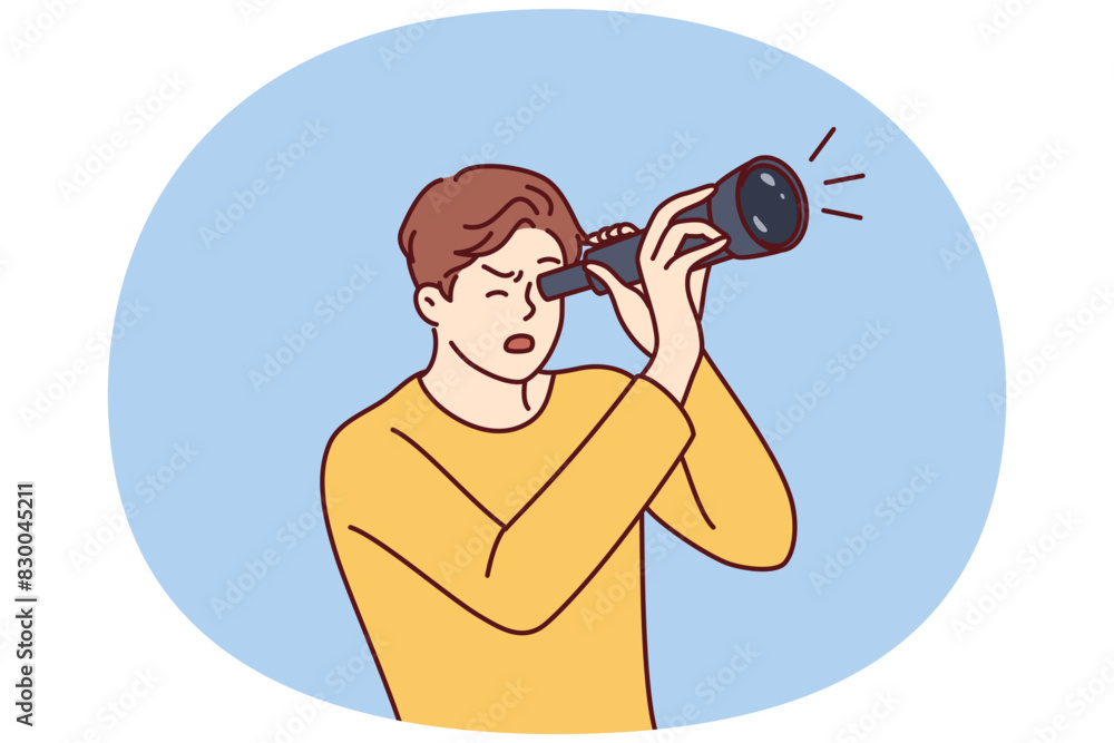 Shocked guy is looking through spyglass while looking at sights or watching rare astronomical phenomenon. Surprised man spying on neighbors using spyglass for uncoordinated surveillance Shocked guy is looking through spyglass while looking at sights or watching rare astronomical phenomenon. Surprised man spying on neighbors using spyglass for uncoordinated surveillance
