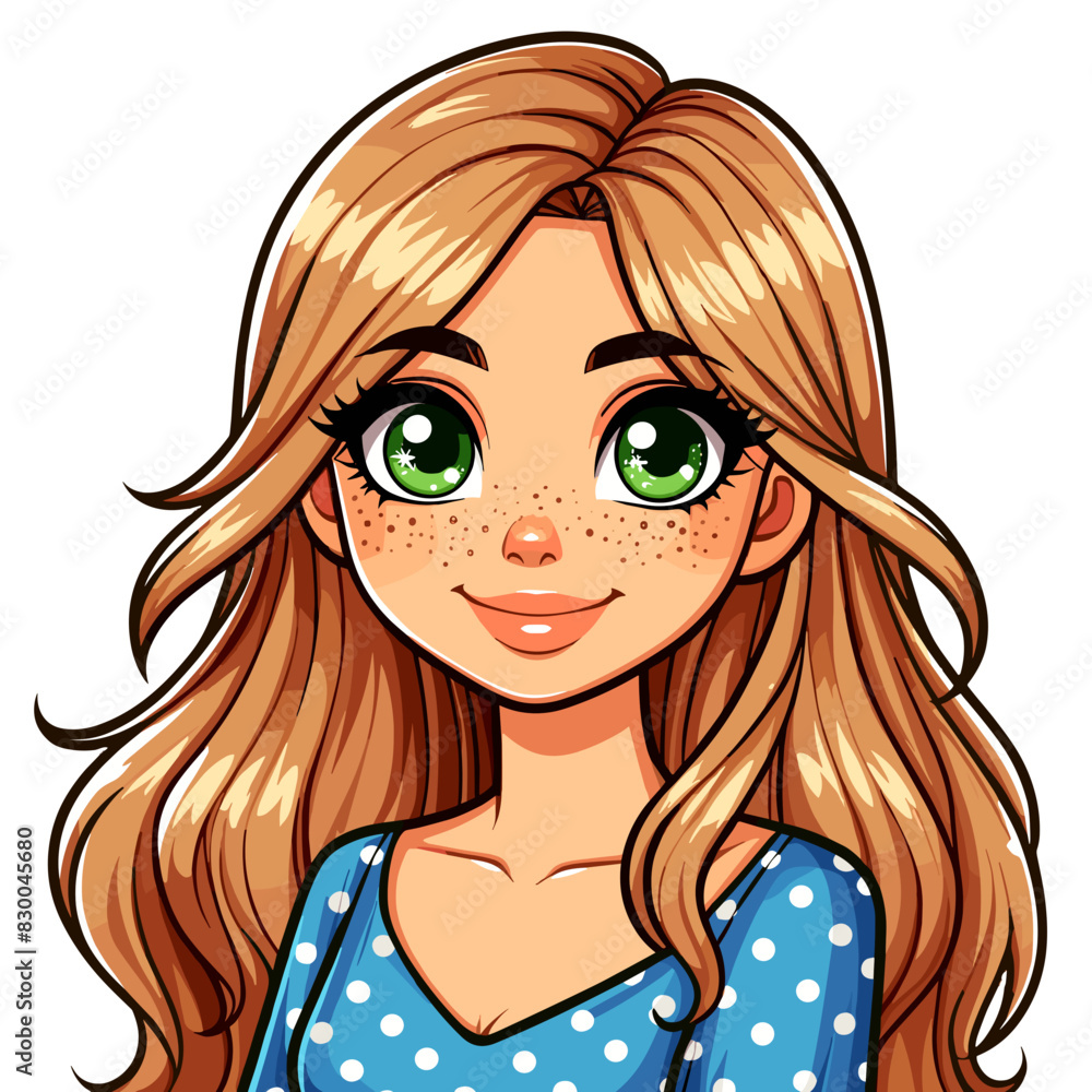 Cheerful Young Woman with Green Eyes and Freckles Smiling in Blue Polka Dot Dress Cheerful Young Woman with Green Eyes and Freckles Smiling in Blue Polka Dot Dress