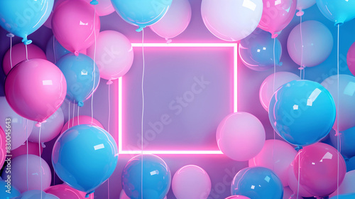 Illuminated Neon Frame Surrounded by Multicolored Balloons