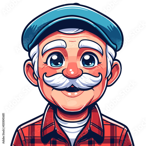 Happy Elderly Man with Mustache and Blue Cap in Red Plaid Shirt Smiling