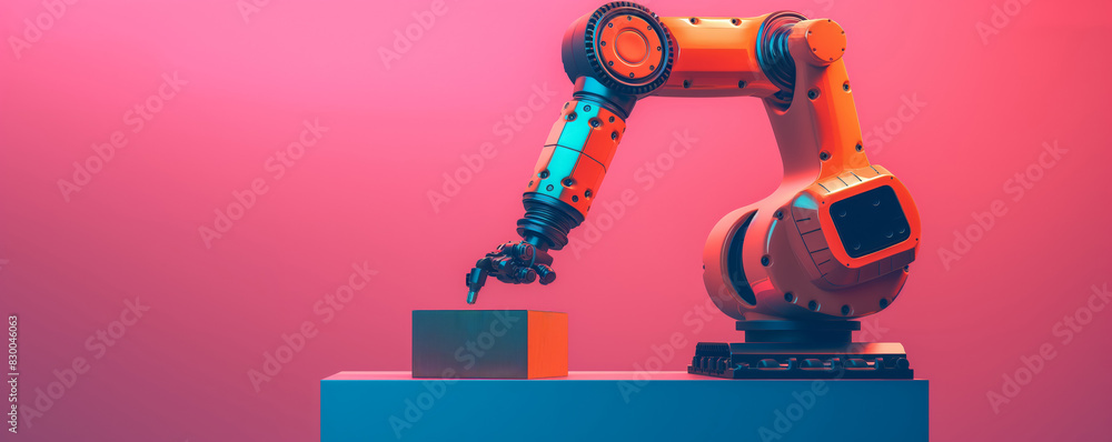 Automated robotic arm packing boxes, isolated on a gradient background Automated robotic arm packing boxes, isolated on a gradient background