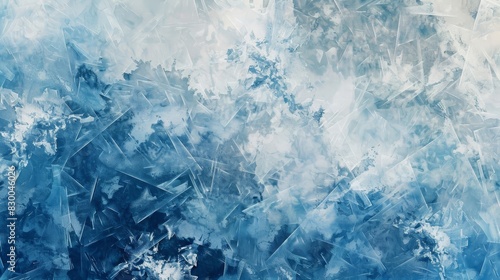 Ice crystal patterns in blue and silver with iridescent highlights and misty overlay in a winter-inspired wallpaper backdrop