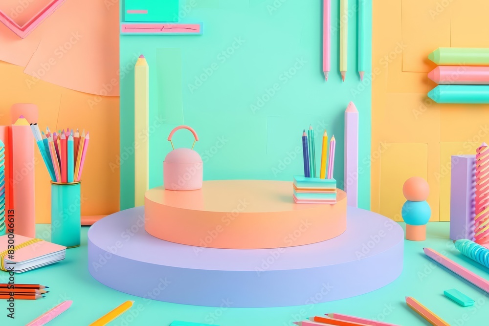 A blank podium showcase on a pastelcolored background with school supplies such as pencils A blank podium showcase on a pastelcolored background with school supplies such as pencils