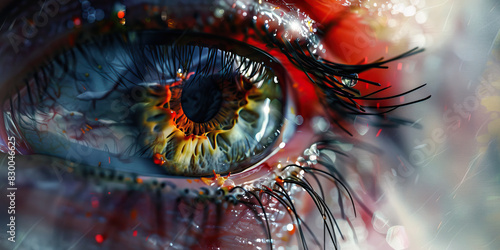 Eye Irritation: The Redness and Discomfort of Eye Pain - Visualize a scene where the eyes are red and irritated, possibly due to allergies or dryness, causing discomfort and blurred vision photo