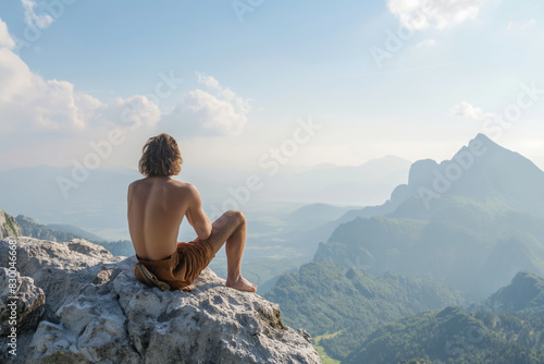 Caveman enjoying solitude while perching atop a mountain peak  © fotogurmespb