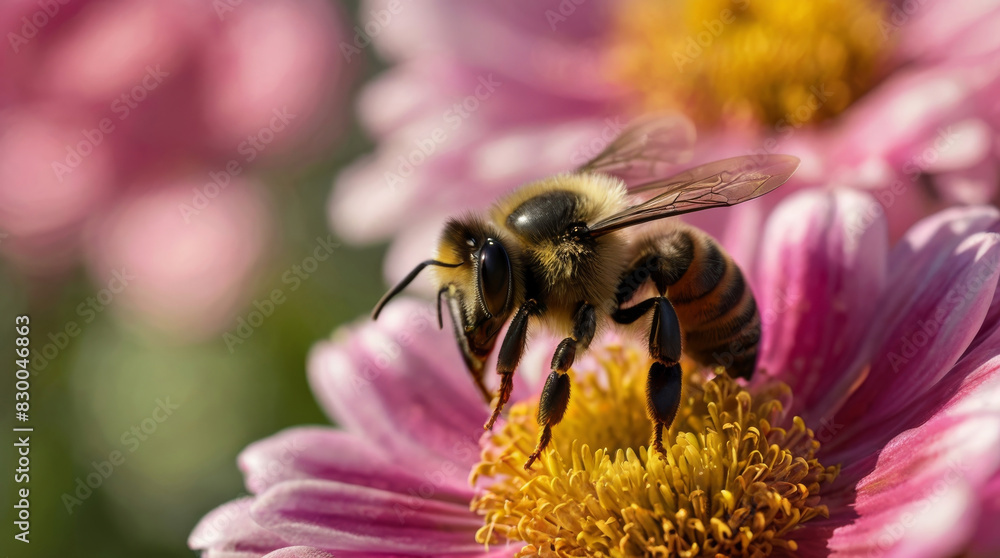 Close-up macro view of bee collecting honey on pink flowers Close-up macro view of bee collecting honey on pink flowers