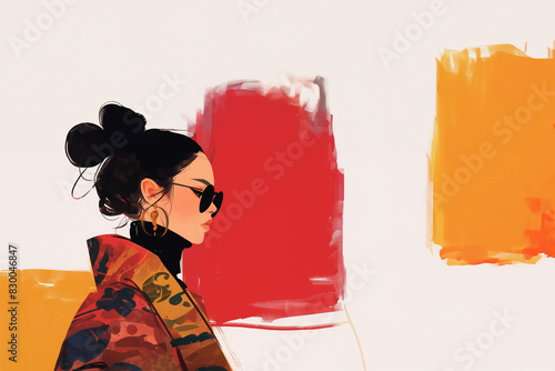 jeune femme japonaise cheveux noirs retenus par un chignon de samouraï avec des lunettes de soleil, pull noir et manteau imprimé, sur un fond jaune et rouge texturé avec espace négatif copyspace