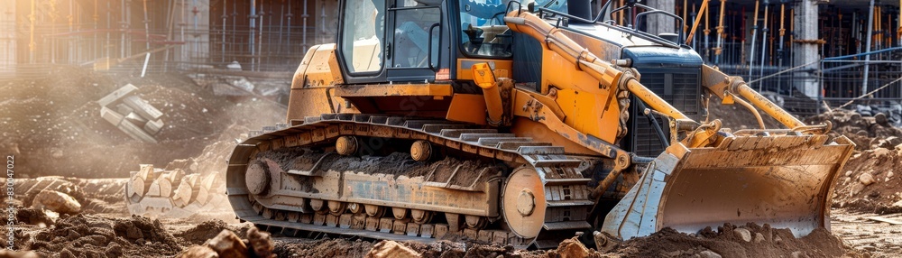 Worker operating a bulldozer, construction site, heavy machinery, vibrant and active, building project, bright and dynamic, urban development, copy space. Worker operating a bulldozer, construction site, heavy machinery, vibrant and active, building project, bright and dynamic, urban development, copy space.