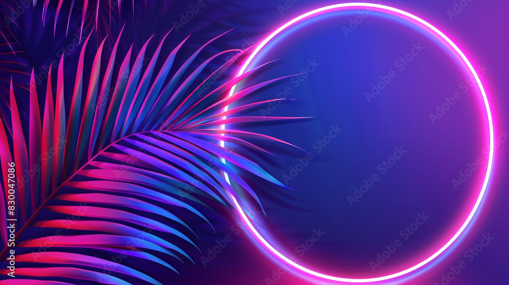 Vibrant Neon Circle Framing Tropical Palm Leaves Vibrant Neon Circle Framing Tropical Palm Leaves