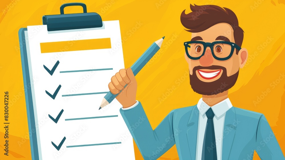 A contented businessman with a smile on his face proudly holds a pencil next to a finished checklist A contented businessman with a smile on his face proudly holds a pencil next to a finished checklist