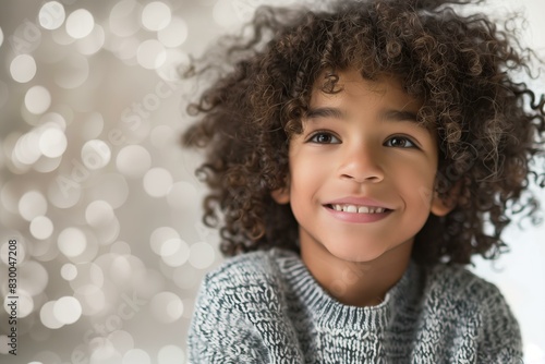 happy young boy with curly hair, wearing a gray sweater, against a light, slightly speckled background