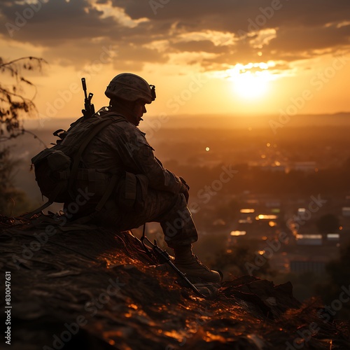 Silhouette of a soldier with a gun standing on a hill as the sun sets on Memorial Day.
