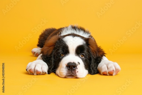 Cute Saint Bernard puppy on a pastel yellow background