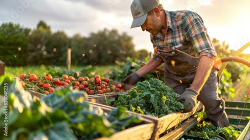 Farmer loading harvested crops onto a truck, vibrant field, fresh produce, outdoor activity, natural beauty, healthy growth, bright and sunny, hands-on work, agricultural success, copy space.