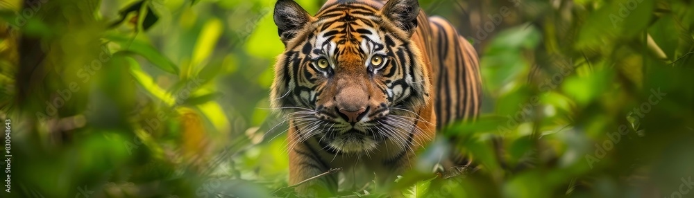 Obraz premium Tiger prowling through the jungle, vibrant and powerful, natural beauty, wild and free, lush greenery, bright and intense, wildlife photography, copy space.