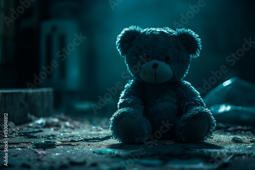 Dark shadows enveloping a lone teddy bear, implying childhood nightmares  photo