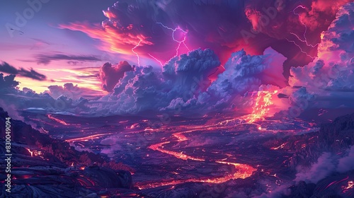 A photo of a volcanic landscape with glowing lava rivers, a fiery sky with ash clouds and lightning in the background photo