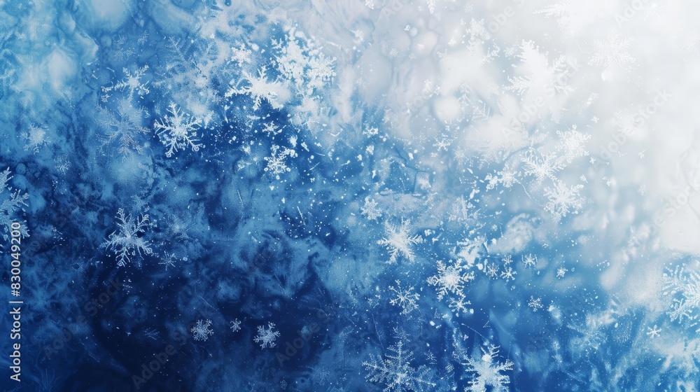 Gradient from sapphire to icy white with snowflake patterns and ethereal light effect in a background backdrop