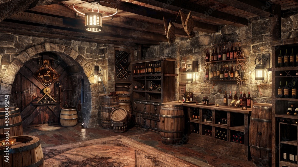 Fototapeta premium Rustic wine cellar with barels, Wooden style, Generative AI