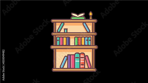simple brown wooden cartoon 3 row book shelf full of colorful different size books single icon generative ai