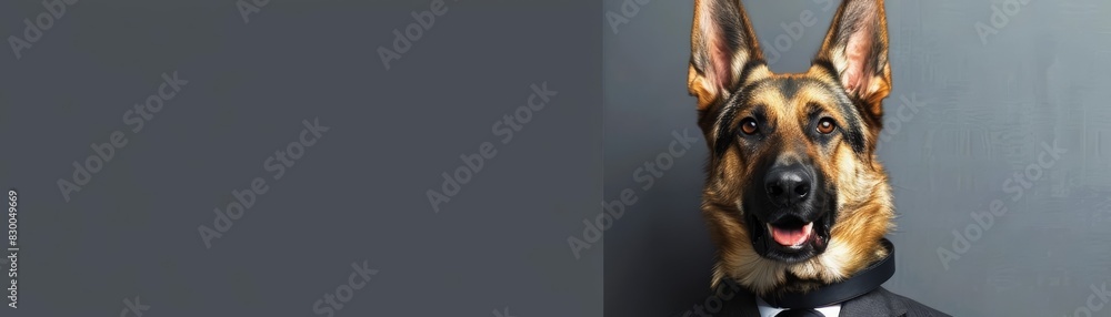 A German Shepherd in a business suit, confidently giving a presentation with a solid grey background and copy space A German Shepherd in a business suit, confidently giving a presentation with a solid grey background and copy space