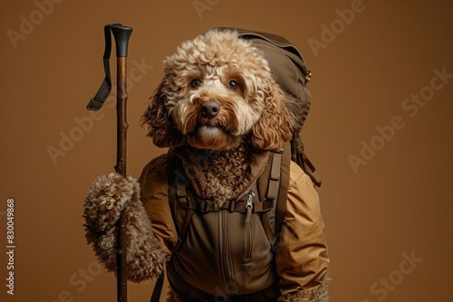 A Golden Doodle in hiking gear, holding a walking stick, with a solid brown background and copy space photo