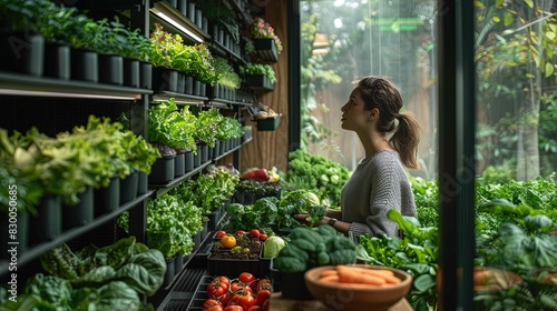 A woman is shopping for vegetables in a greenhouse