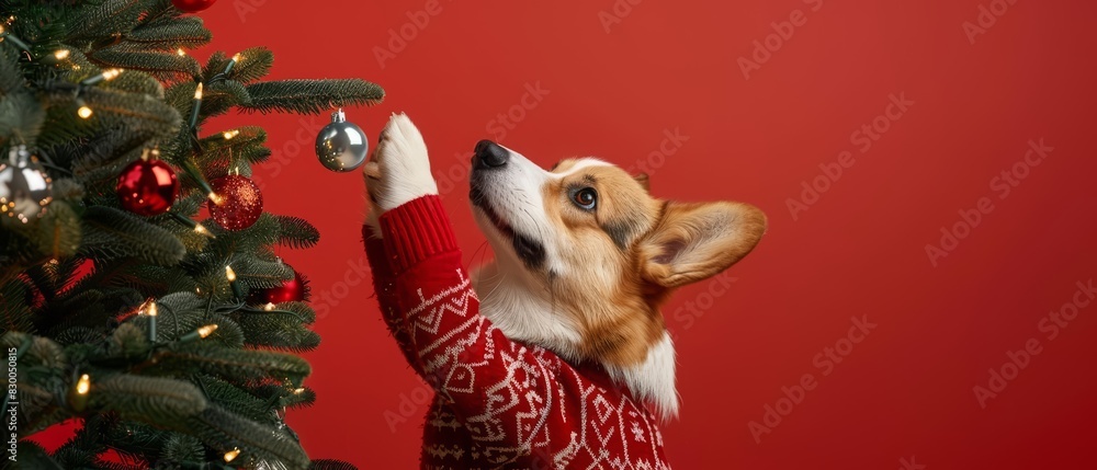 A Pembroke Welsh Corgi wearing a festive sweater, joyfully decorating a Christmas tree with a solid red background and copy space A Pembroke Welsh Corgi wearing a festive sweater, joyfully decorating a Christmas tree with a solid red background and copy space