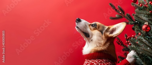 A Pembroke Welsh Corgi wearing a festive sweater, joyfully decorating a Christmas tree with a solid red background and copy space photo