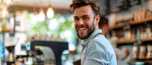 Bearded man smiling in a coffee shop. photo