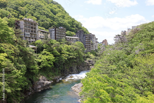 abandoned hot spring hotel during Japanese asset price bubble near Kinugawa river and Kinugawa town