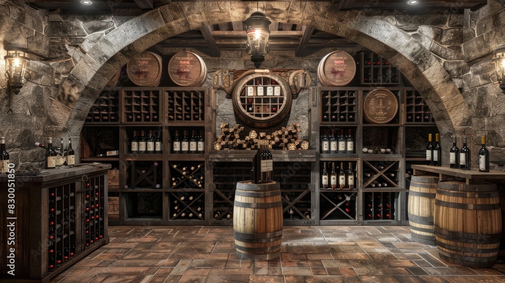 Obraz premium Rustic wine cellar with barels, Wooden style, Generative AI