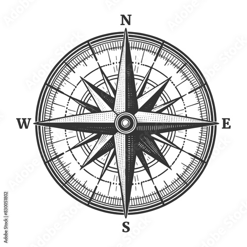 Wind rose Nautical Compass map sketch engraving generative ai fictional character vector illustration. Scratch board imitation. Black and white image.