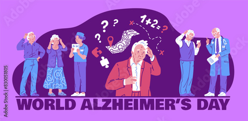 World Alzheimer's day awareness vector poster, dementia disease old patients on doctor diagnostics, memory loss, amnesia