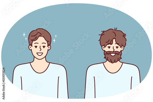 Man before and after going to barbershop to professional stylist for hair and beard care. Man smiles demonstrating result of visiting barbershop and using high-quality or shaving foam
