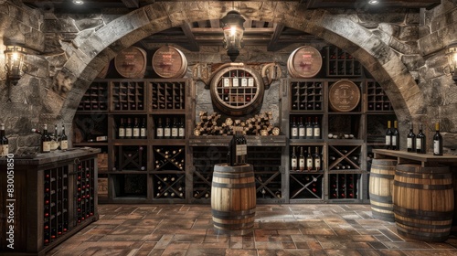 Rustic wine cellar with barels, Wooden style, Generative AI