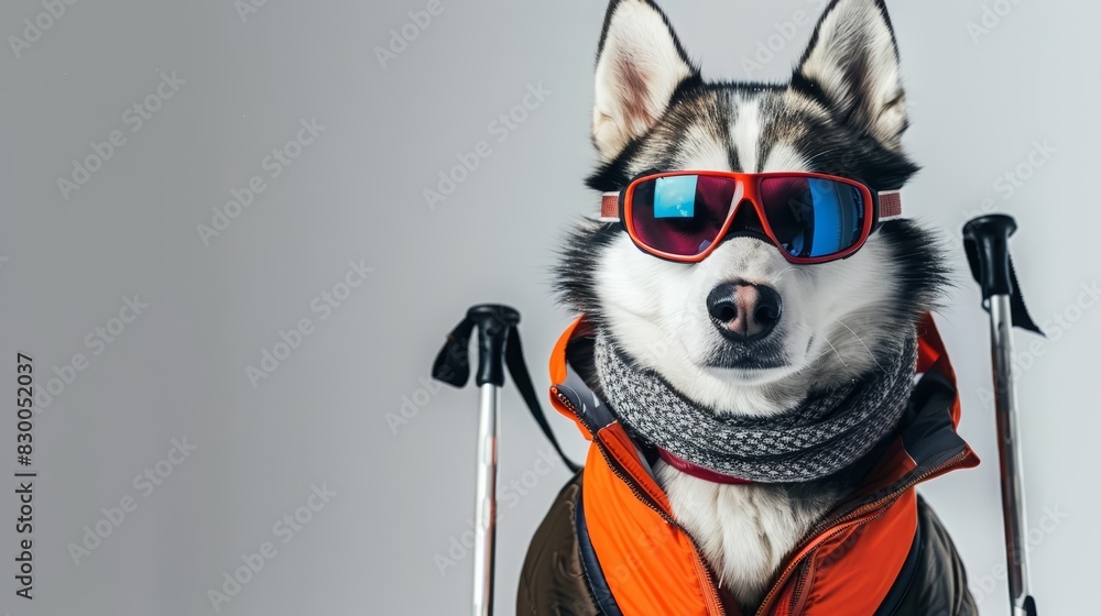 A Siberian Husky in ski gear, holding ski poles, against a solid white background with copy space A Siberian Husky in ski gear, holding ski poles, against a solid white background with copy space