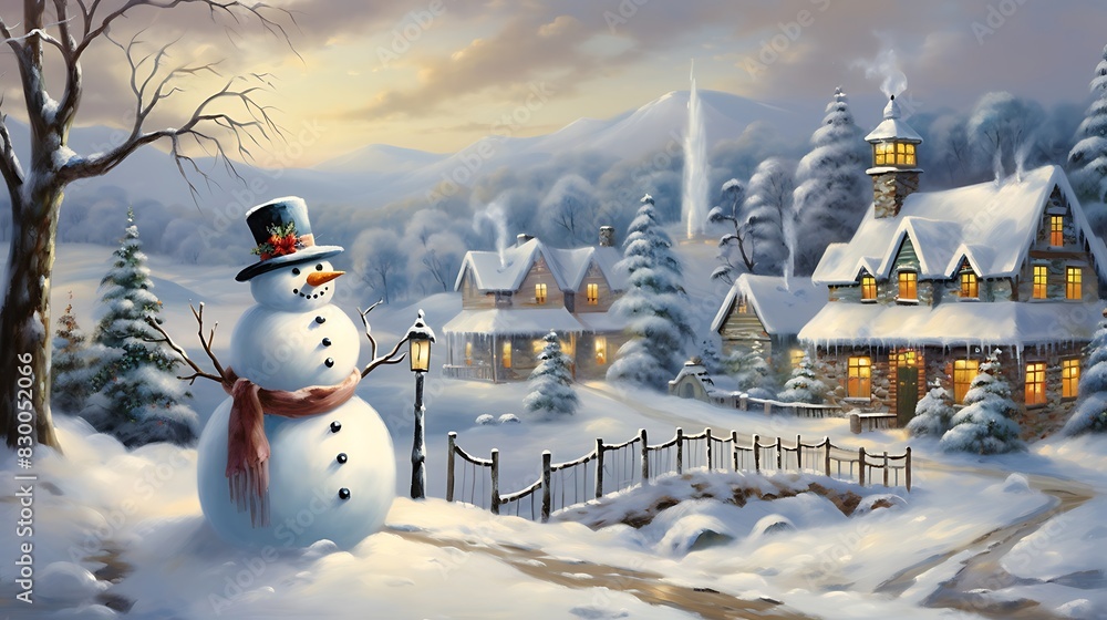 Obraz premium Frosty's Welcome: A Snowman with Outstretched Twig Arms 