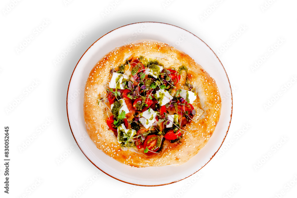 Delicious Italian pizza isolated top view Delicious Italian pizza isolated top view
