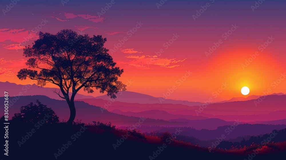 Nature and Landscapes Sunsets: An illustration of a beautiful sunset, with vibrant colors and silhouettes