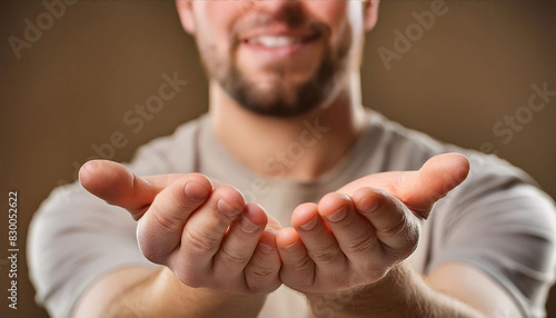 A man extends both hands with palms facing up to the camera, blurred face, suggesting openness, offering help, or requesting something.