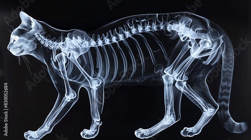 Xray image of a cats skeletal structure, displayed on a black background, highlighting the detailed anatomy of a feline photo