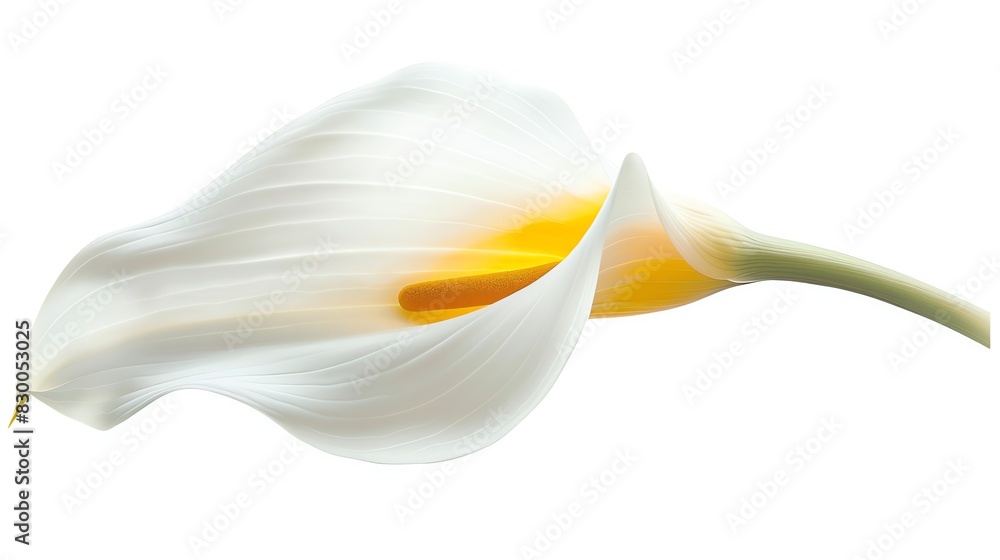Elegant calla lily with smooth white petals and a yellow spadix, floating on air, white background, symbolizing beauty and sophistication Elegant calla lily with smooth white petals and a yellow spadix, floating on air, white background, symbolizing beauty and sophistication