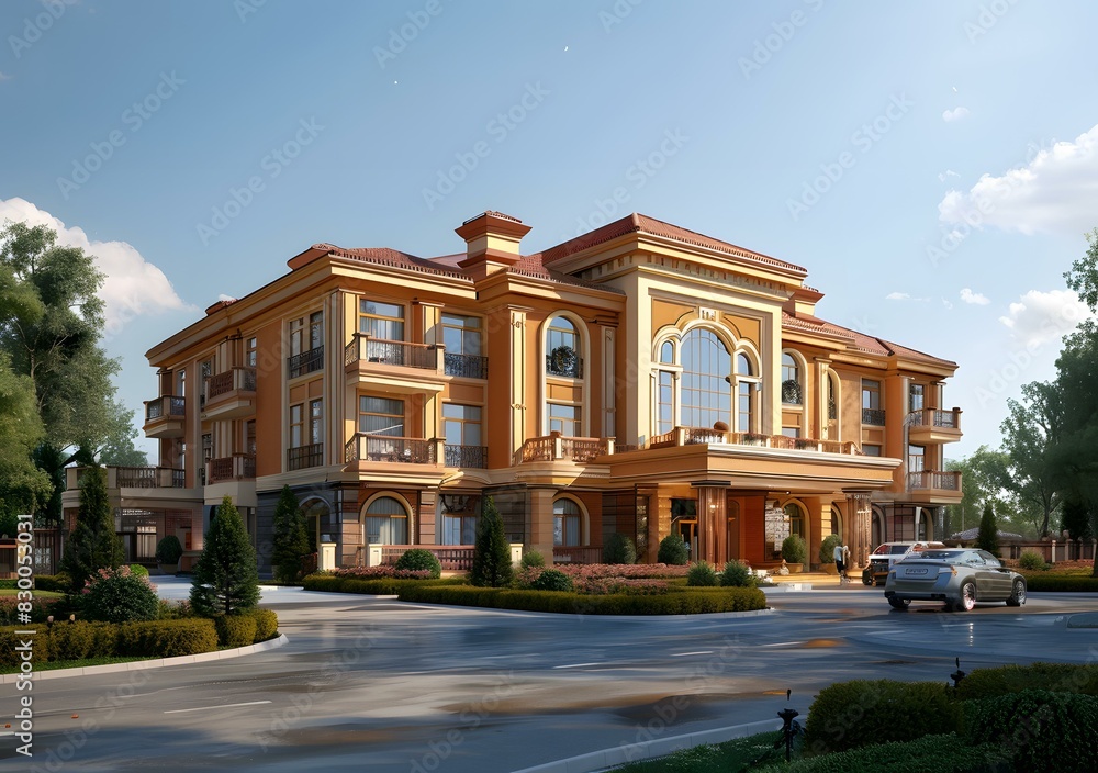 Fototapeta premium A large luxury house with a beautiful exterior and a large yard
